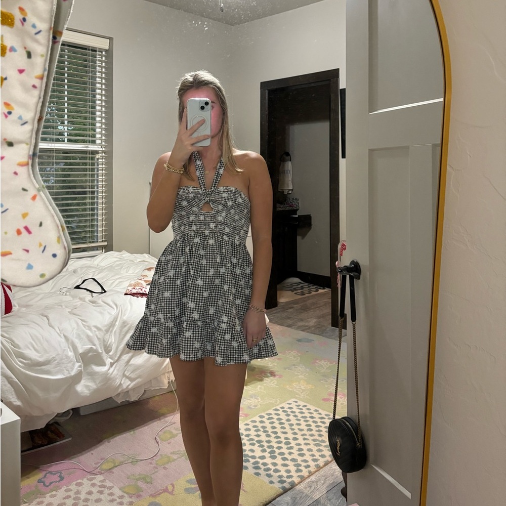 Cutest little black and white gingham with flowers dress!